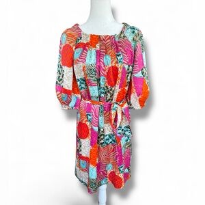 Lilly Pulitzer Keating Dress 100% Silk Patchwork Multi Mini Belted Size 6